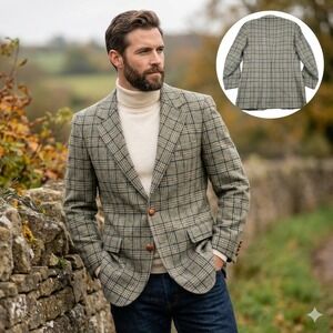 Vintage Mens Plaid Blazer Jacket Wool Blend Made in USA Size 40R